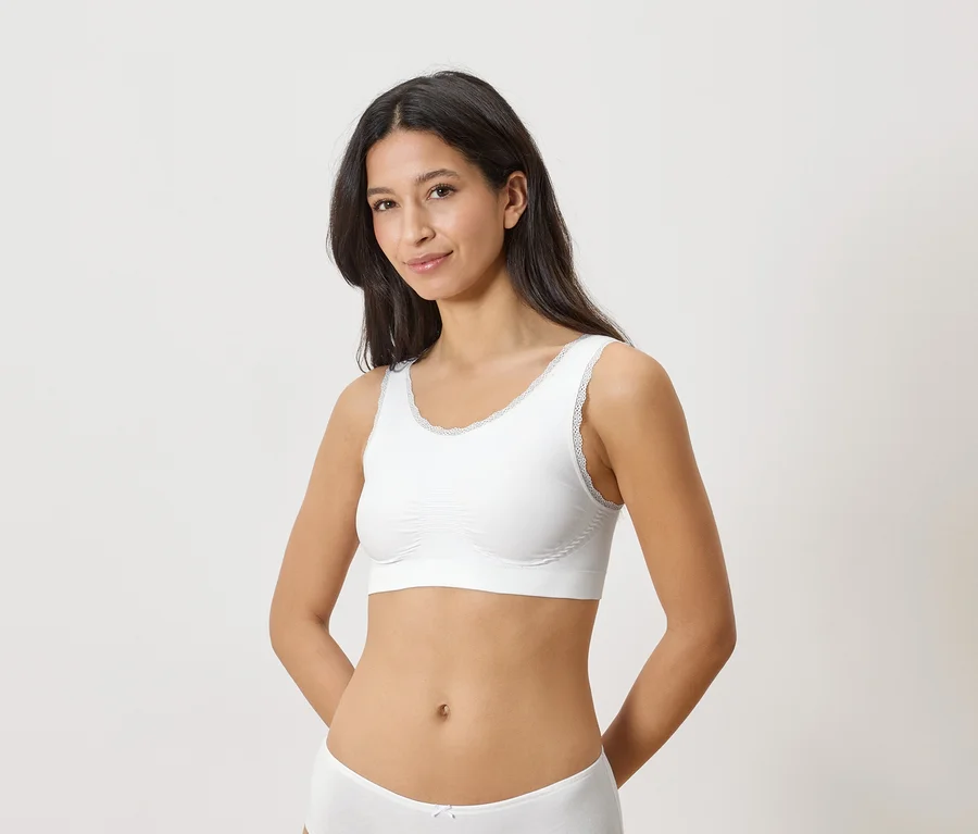 Une femme portant un soutien-gorge blanc bordé de dentelle et des sous-vêtements assortis sur un fond clair.