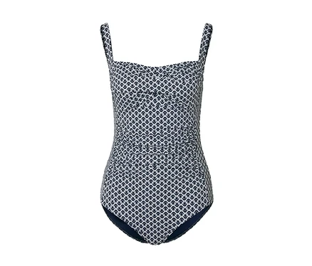 Vue intégrale d'un maillot de bain avec un imprimé de feuilles bleu et blanc.
