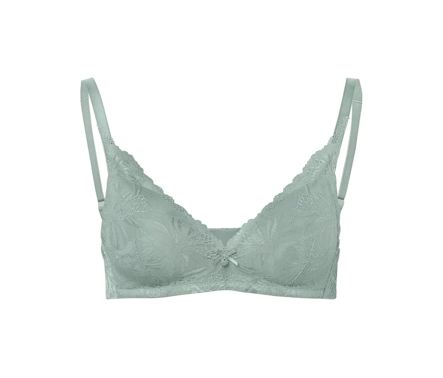 Soutien-gorge en dentelle verte avec de fines bretelles.