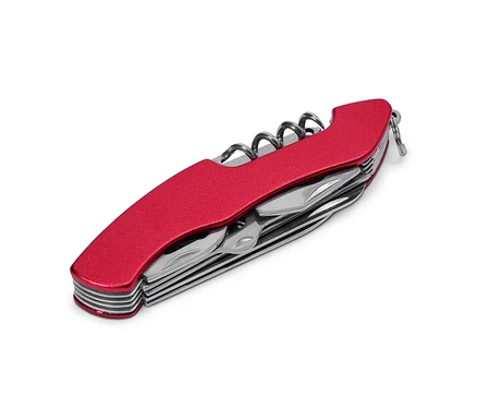 Gros plan d'un couteau suisse rouge avec tire-bouchon et divers outils partiellement sortis.