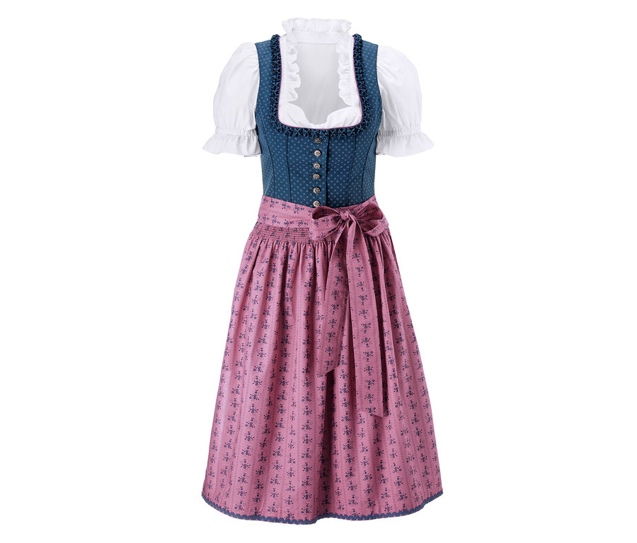 Dirndl avec corsage bleu, chemisier blanc et jupe rose.