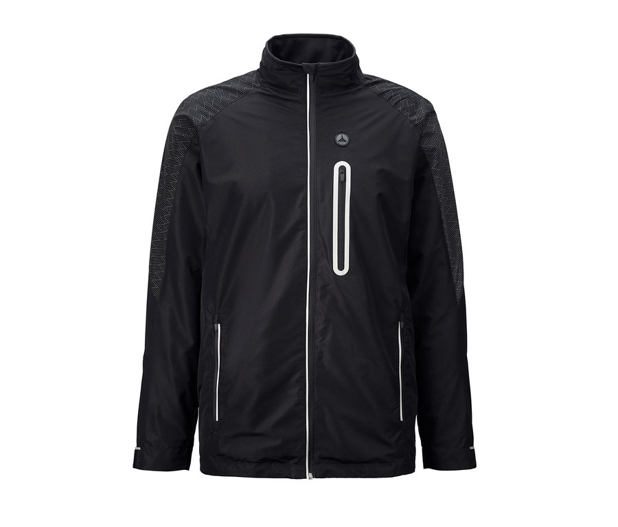 Veste de sport coupe-vent noire avec fermeture éclair au centre.