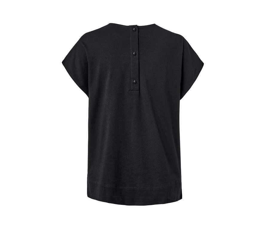 Vue arrière de la blouse bimatière noire avec des boutons.