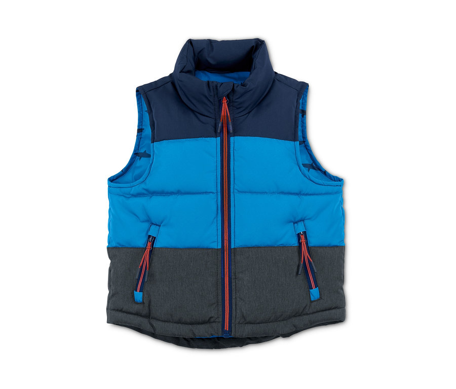 Gilet thermique bleu et gris avec fermeture éclair orange.