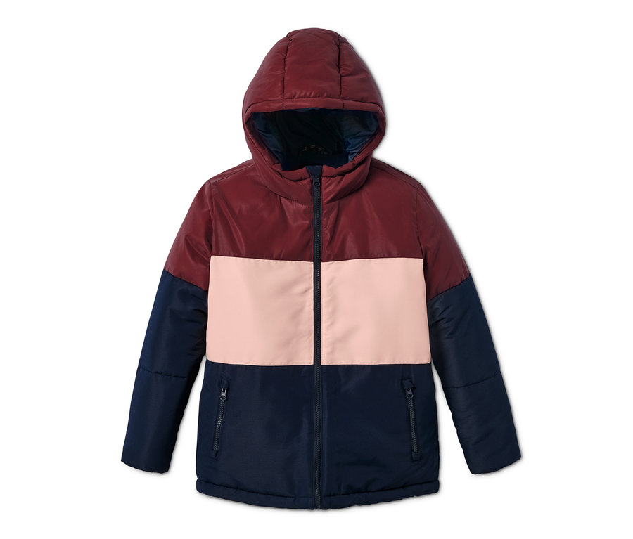 Veste thermique au design color block avec capuche en bordeaux, rose et bleu marine.