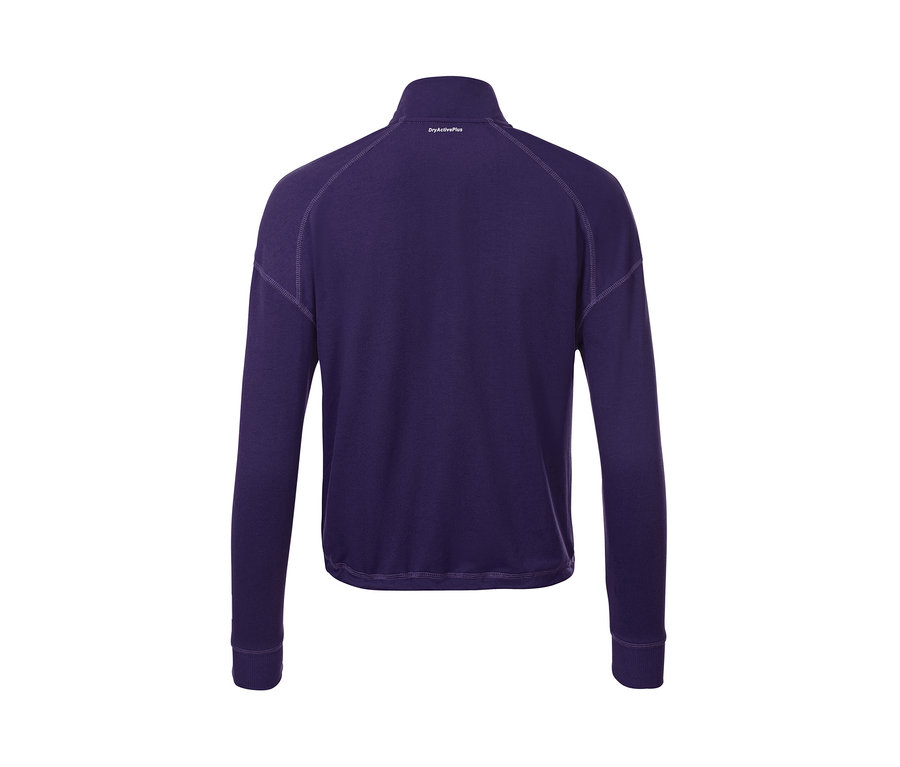 Vue arrière d'un t-shirt de fitness court à manches longues violet.