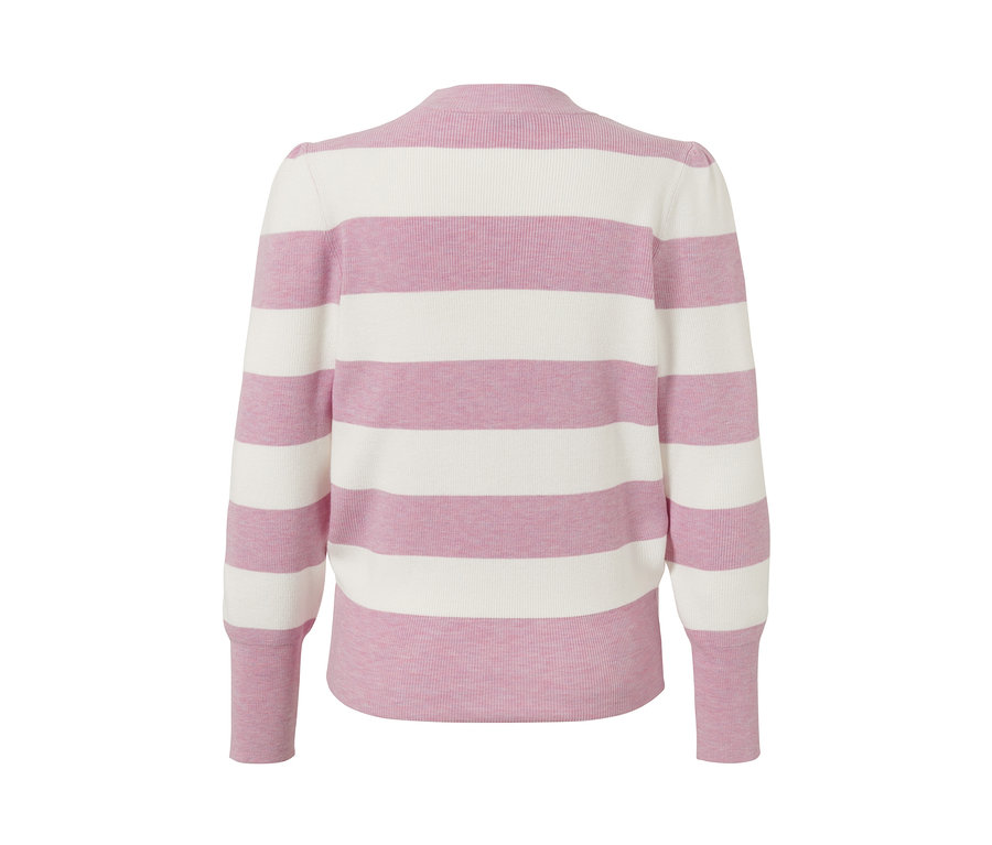 Vue arrière d'un pull avec manches bouffantes à rayures horizontales roses et blanches.