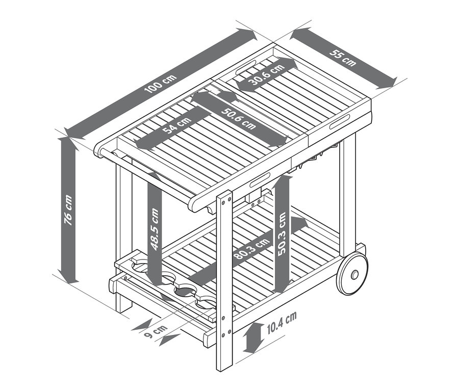 Schéma d'un chariot pour barbecue « Lenja » avec 2 plateaux et dimensions indiquées.