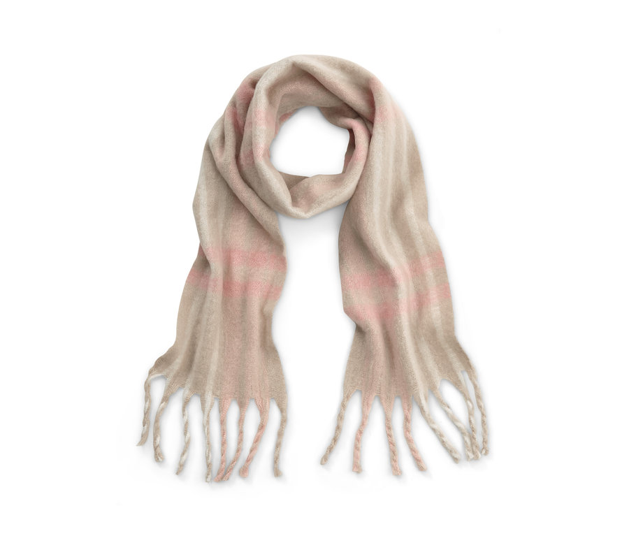 Écharpe tissée à carreaux avec des franges.