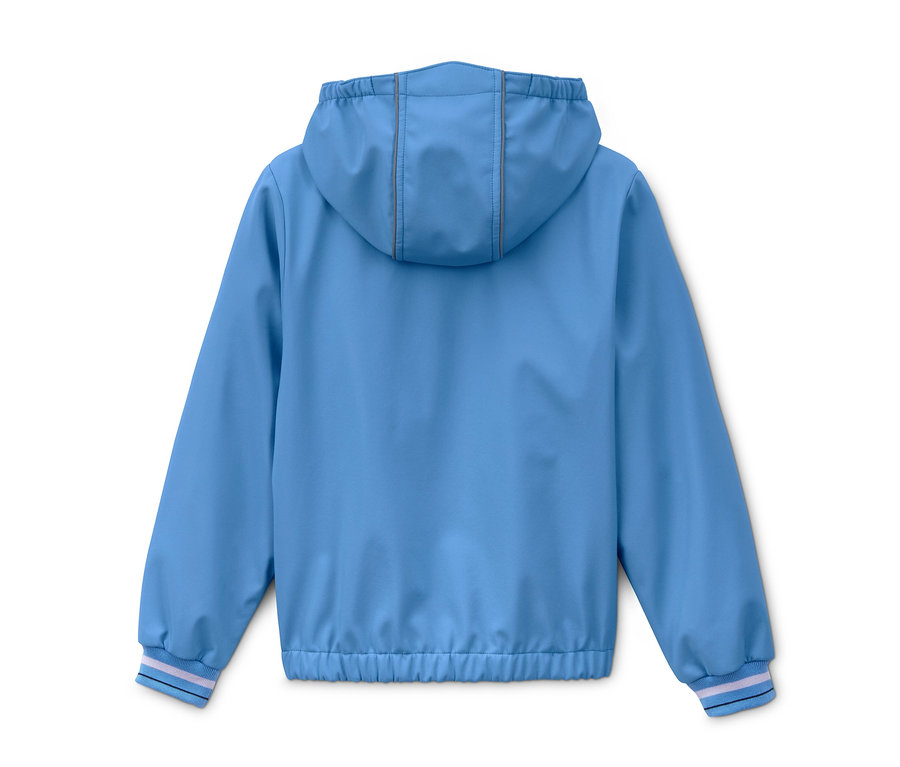 Veste softshell bleu clair avec capuche en matériaux recyclés, vue arrière.