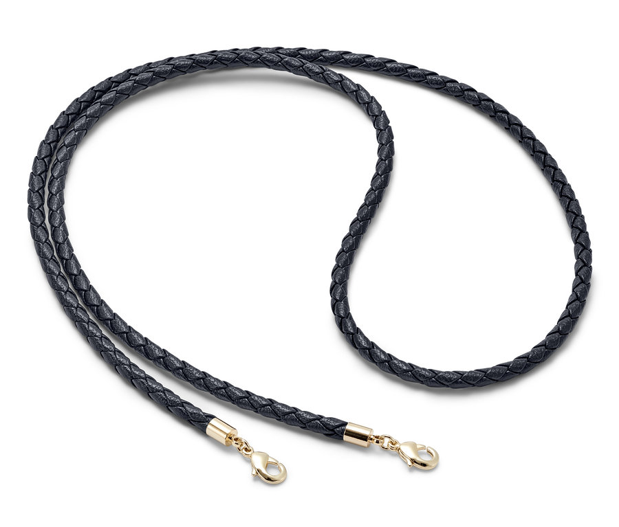 Chaîne multifonction noire au design tressé avec fermoirs mousquetons dorés.