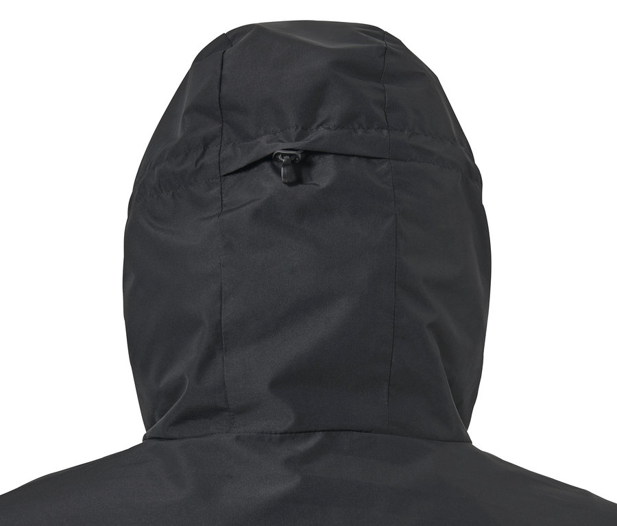 Vue arrière d'une veste coupe-vent noire à capuche.