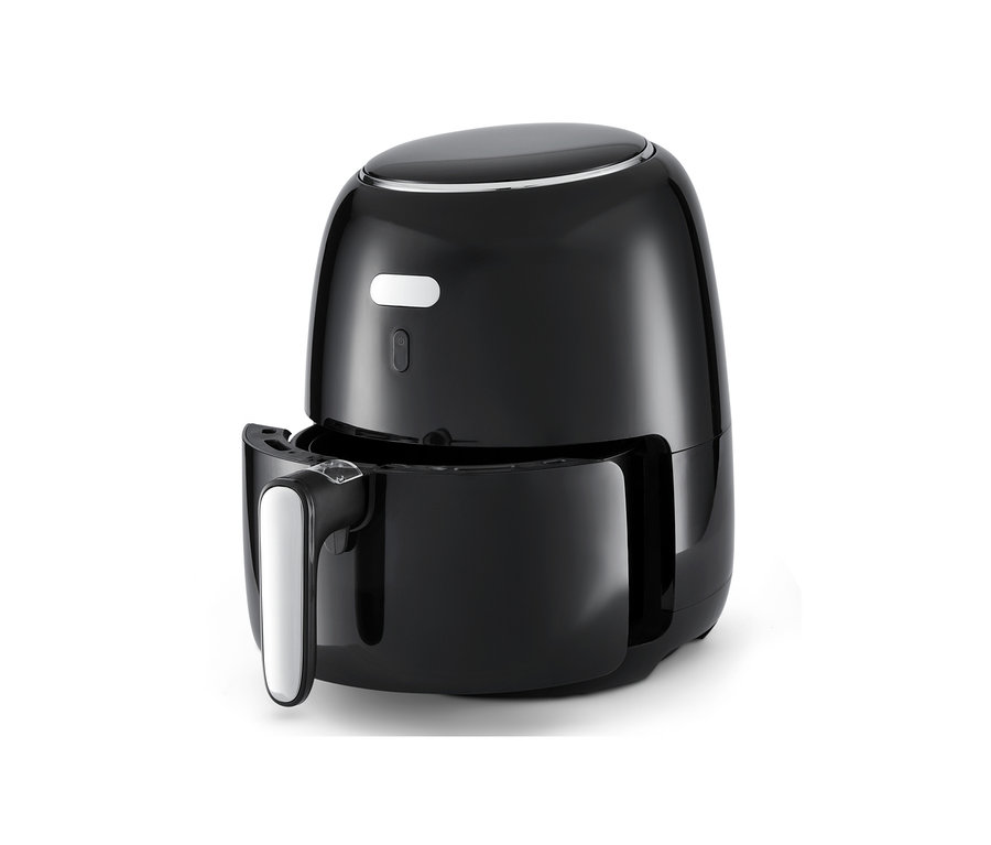 Une friteuse à air chaud numérique noire avec un panier sorti.