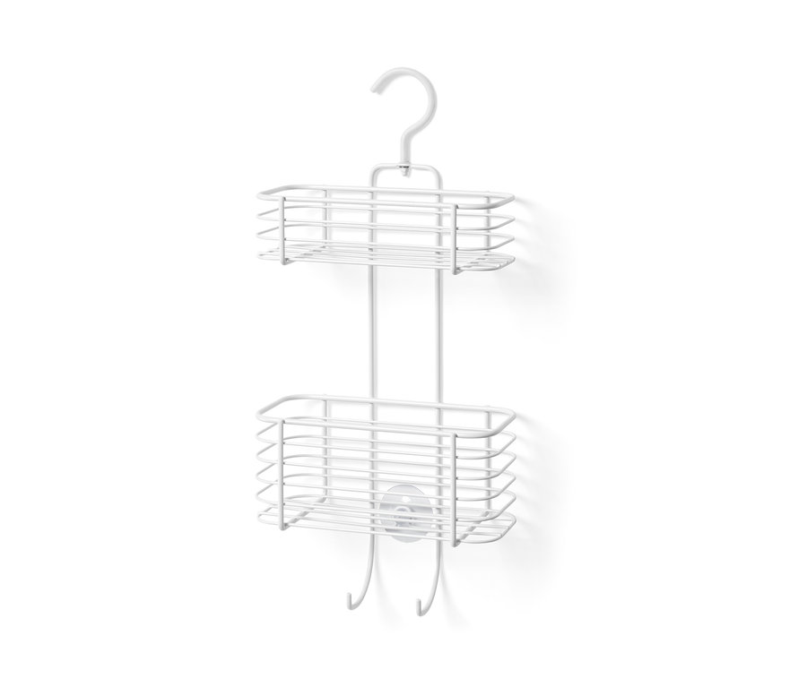 Étagère de douche à suspendre avec deux étagères et des crochets.