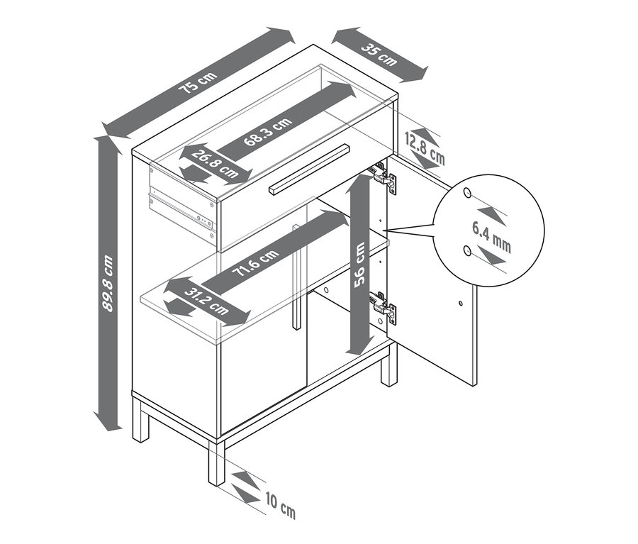 Le schéma montre les dimensions du meuble de salle de bains « Eklund » avec un tiroir et une porte.