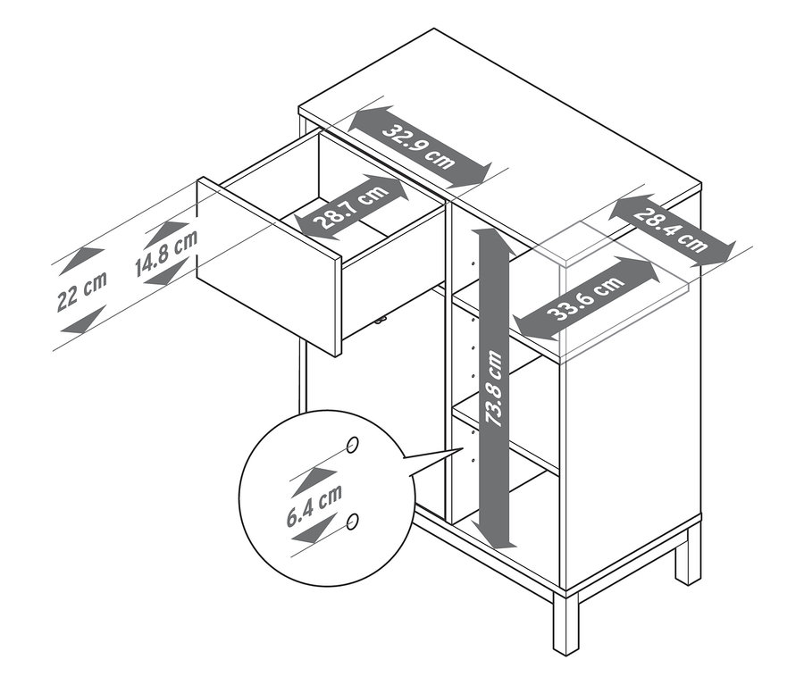 Schéma d'un meuble de salle de bain avec les dimensions.