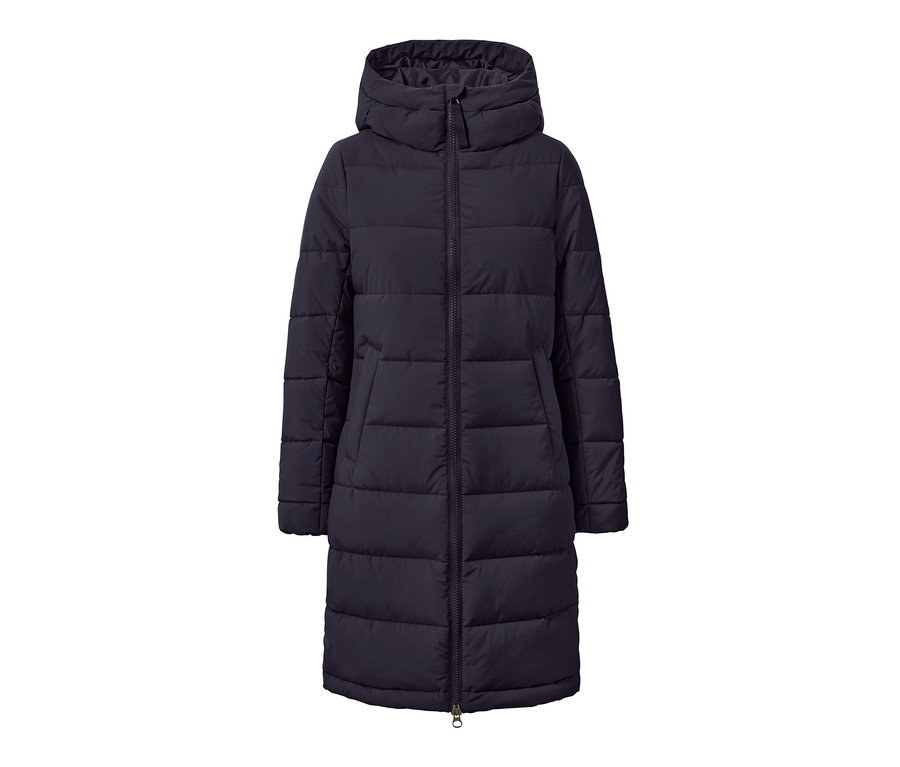 Manteau matelassé bleu avec capuche et fermeture éclair.