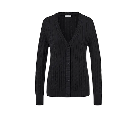 Cardigan noir en maille fine à motif torsadé.