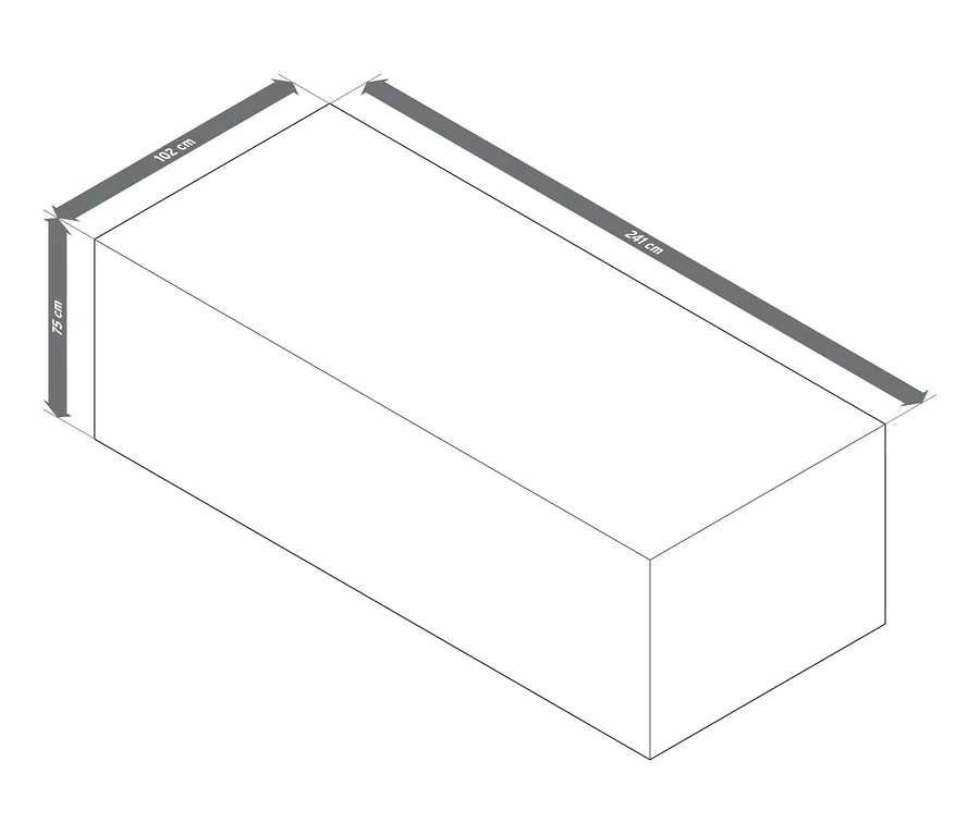 Dimensions de la housse premium pour grandes tables à rallonge : 241 cm x 102 cm x 75 cm.