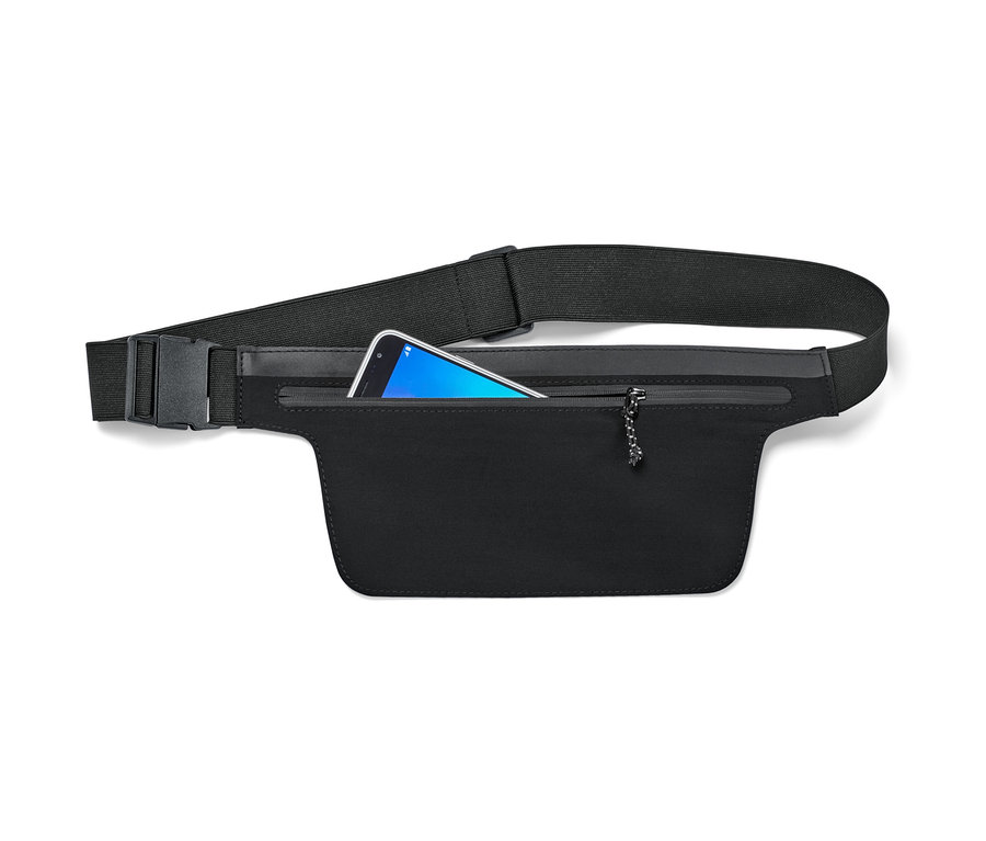 Ceinture de course noire pour smartphone avec une bande élastique et un téléphone dans la poche.
