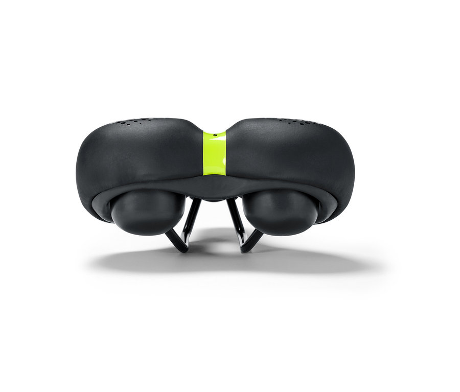 Selle de vélo confort noire avec une bande vert néon au milieu.