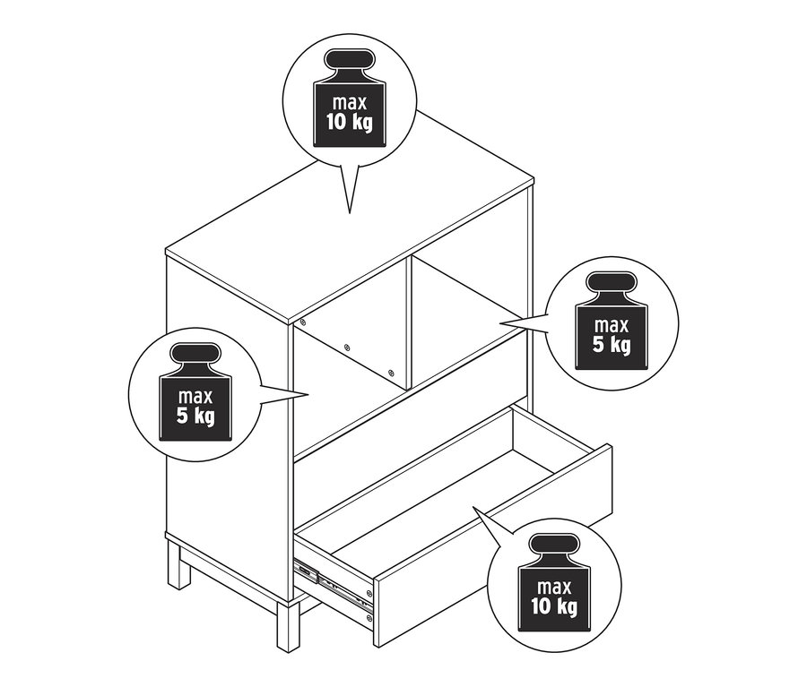 Dessin d'une commode haute avec 2 tiroirs, dont un tiroir est ouvert.
