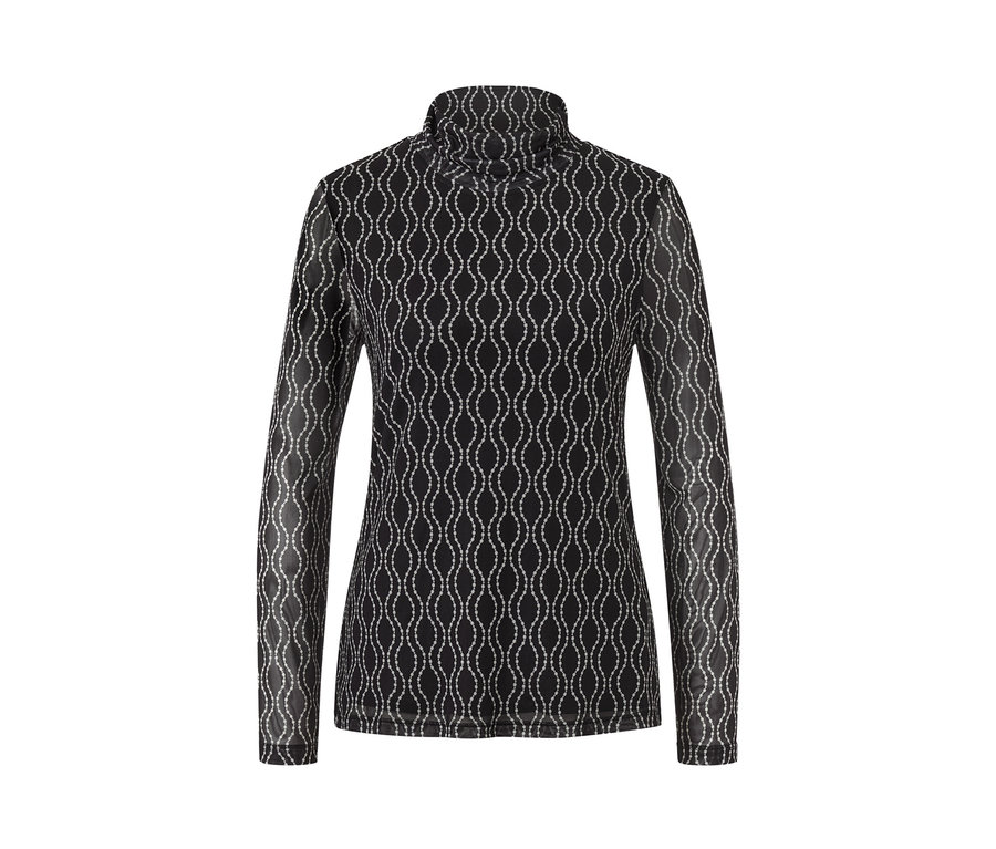 Haut noir à manches longues et col roulé en mesh imprimé.