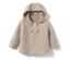 Jaquette en maille pour bébé beige chiné avec capuche et deux boutons.