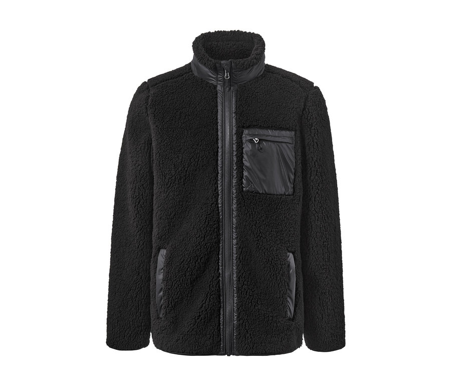 Veste en peluche noire avec fermeture éclair et poches.