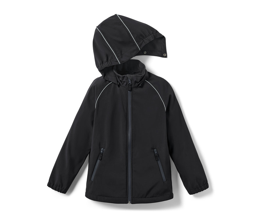 Veste en softshell noire pour enfant avec fermeture éclair et capuche.