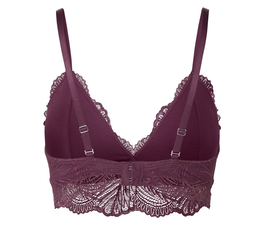Gros plan d'un soutien-gorge en dentelle violet avec bretelles réglables, vue arrière.