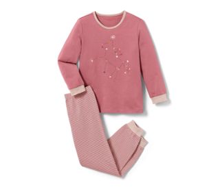 Haut rose foncé avec imprimé licorne multicolore, pantalon rayé rose