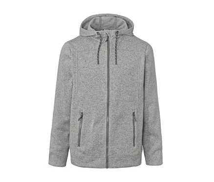 Veste en maille polaire grise avec capuche et fermeture éclair.