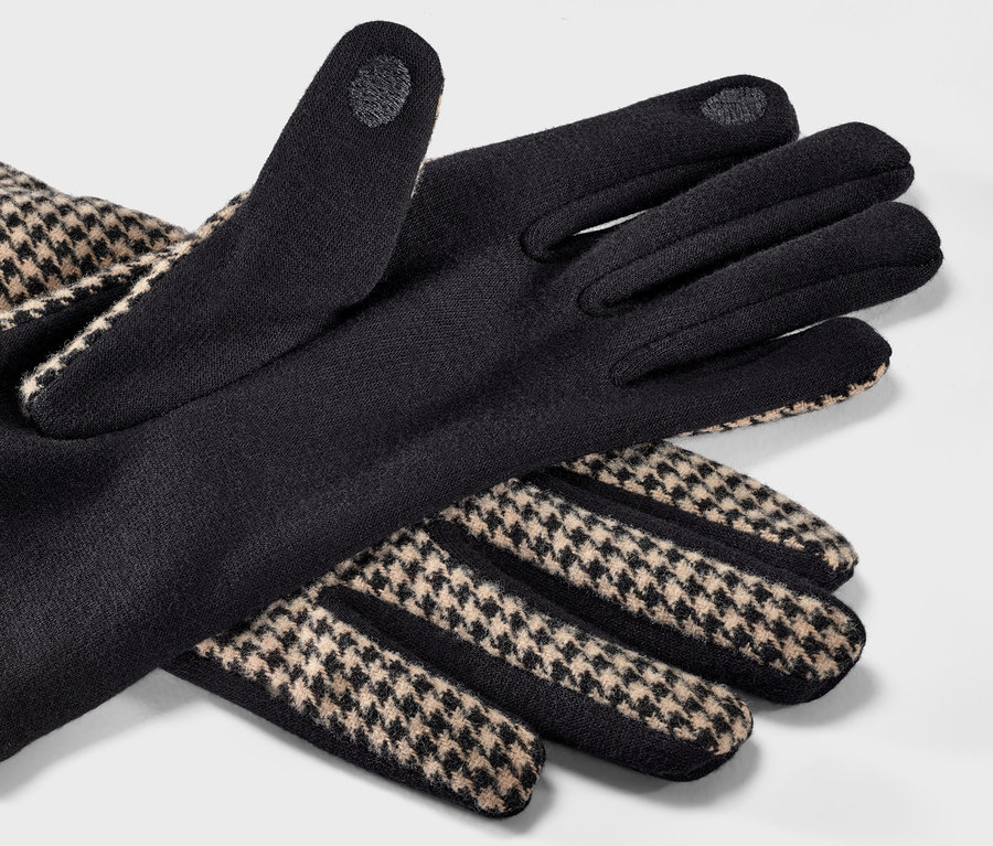 Gants bimatière noirs à motif pied-de-poule.