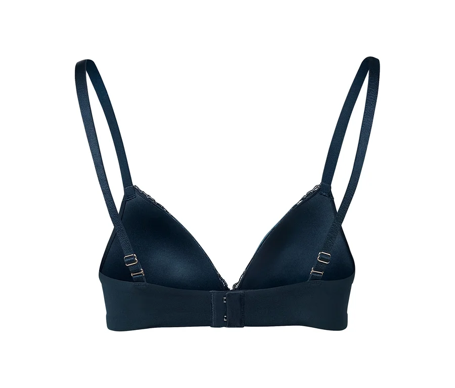 Vue détaillée de l'arrière d'un soutien-gorge à coques souples bleu foncé.