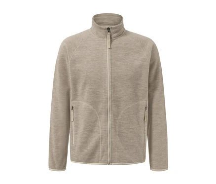 Cardigan en polaire beige avec fermeture éclair intégrale.