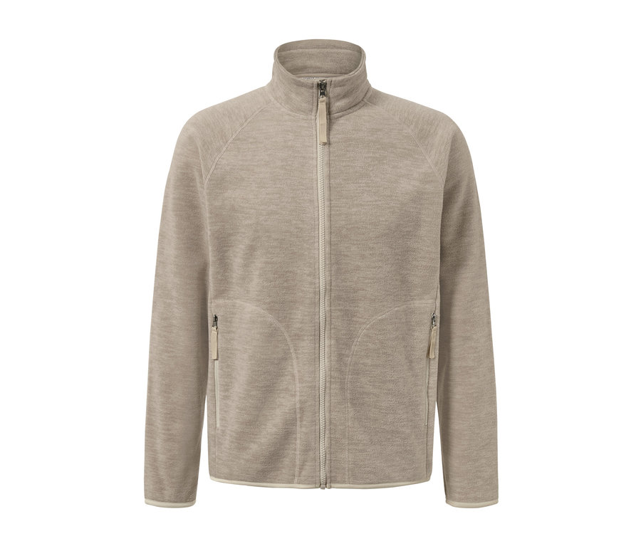 Cardigan en polaire beige avec fermeture éclair intégrale.