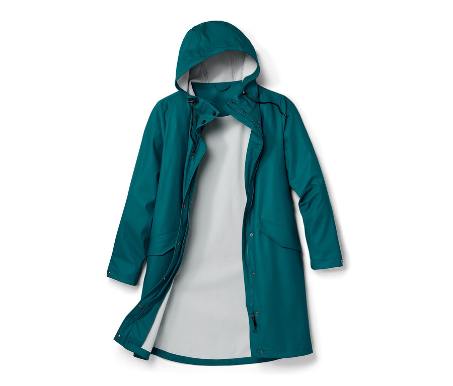 Manteau de pluie pétrole ouvert avec capuche et doublure blanche.