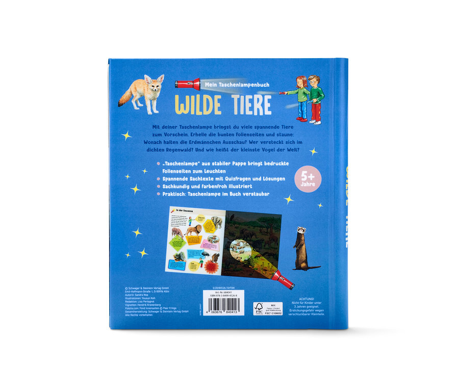 Livre bleu « Mein Taschenlampenbuch – wilde Tiere » (Mon livre à la lampe de poche – animaux sauvages, en allemand) avec des images d'animaux et d'enfants jouant avec une lampe de poche.