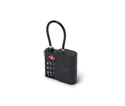 Cadenas intelligent TSA noir avec tracker, code numérique et câble flexible.