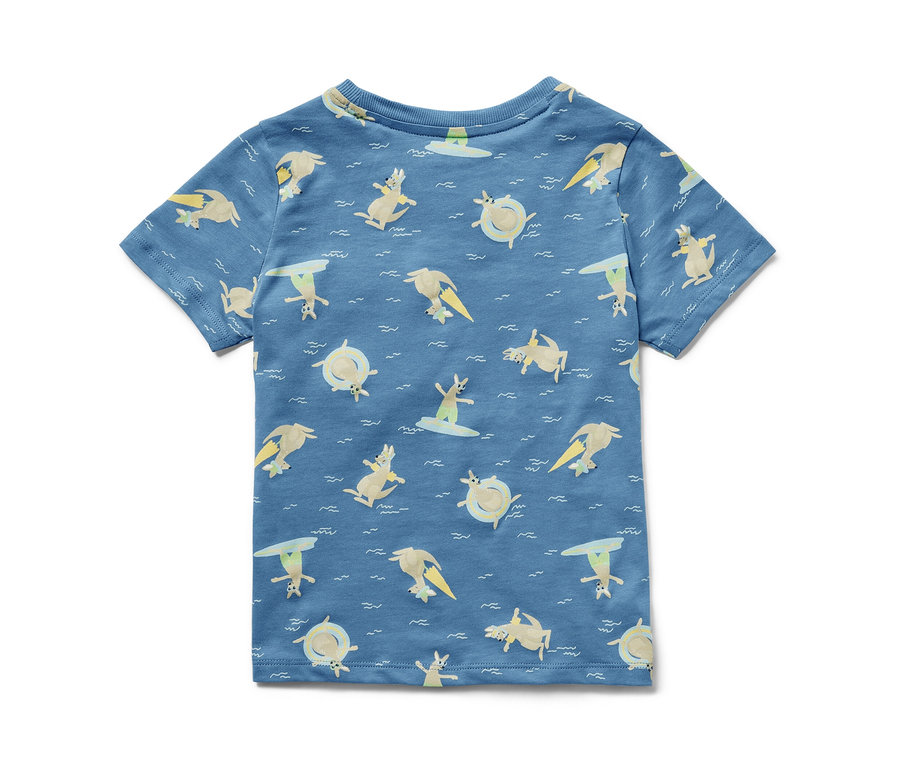 T-shirt pour enfant bleu avec motif kangourous et planches de surf.
