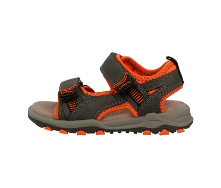 Gros plan sur une sandale de trekking Lurchi grise avec des détails orange.