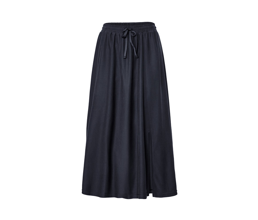 Une jupe en jersey piqué marine avec une taille élastique et un cordon de serrage.