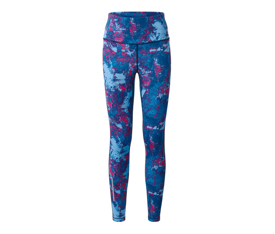 Détail d'un legging de sport rose vif et bleu.