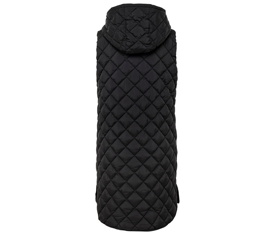 Veste sans manches noire matelassée avec capuche, vue arrière.