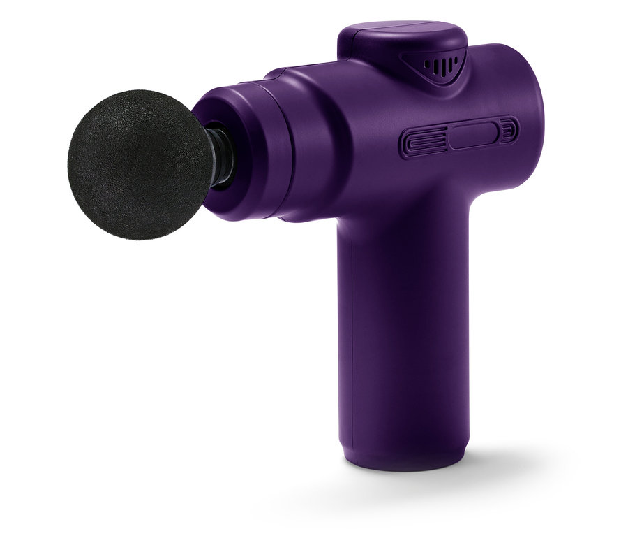 Gros plan d'un mini-pistolet de massage violet avec un embout noir.