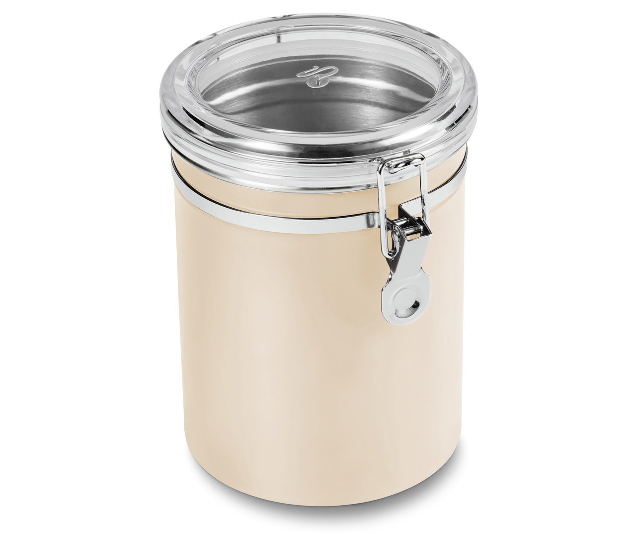 Boîte à arômes beige tendre avec couvercle transparent et fermeture argentée.