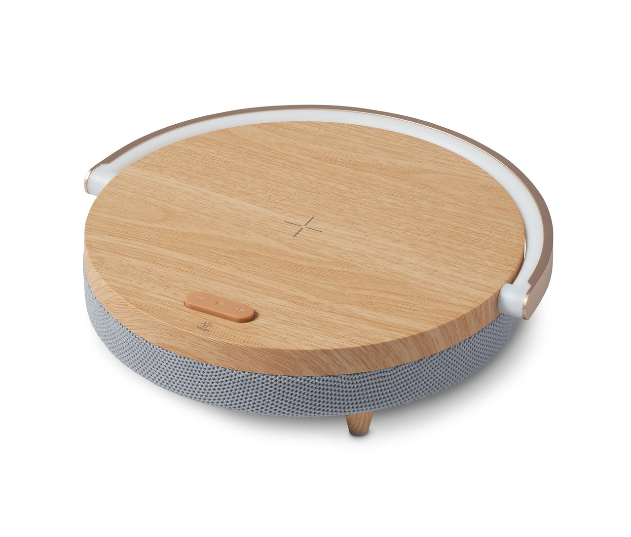 Un haut-parleur Bluetooth avec chargeur sans fil et veilleuse LED sur fond blanc.