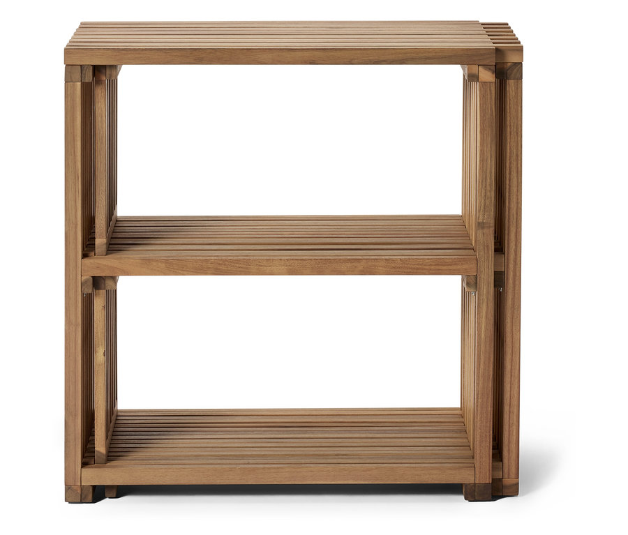 Étagère en bois à deux niveaux avec étagères à lattes.