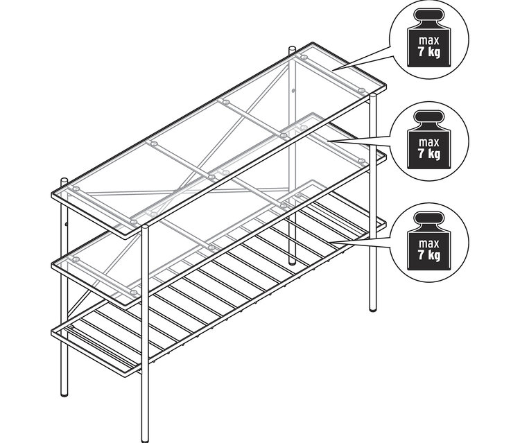 Schéma d'une console d'une largeur d'environ 120 cm avec trois étagères.